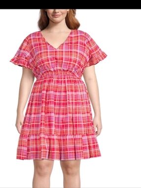 Terra & Sky Womens Ruffled Plaid Dress V-neck short ruffle sleeve tiered skirt